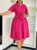 Women's Plus Size Solid Color Tie-Up Short Sleeve Dress - Summer 2025 Fashion
