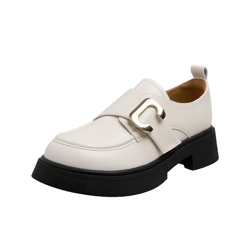 Platform loafers 2025 new women's soft leather style small leather shoes versatile beige height-increasing single shoes