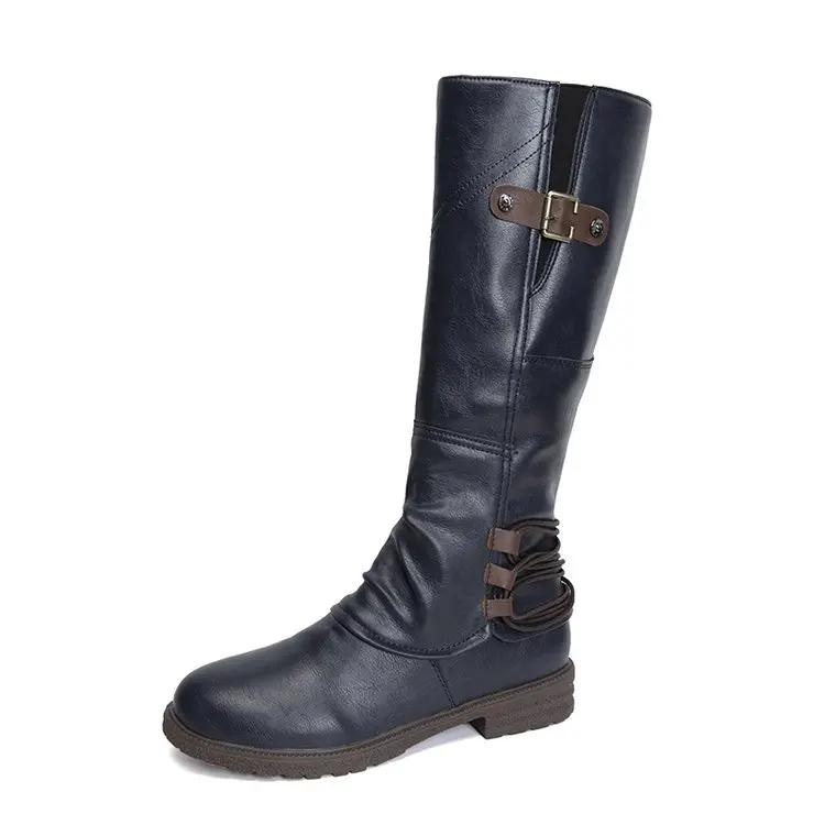 Fashion Autumn and Winter New Knee High Boots for Women Leather Square Low Heel High Boots Roman Style Belt Buckle Long Botas