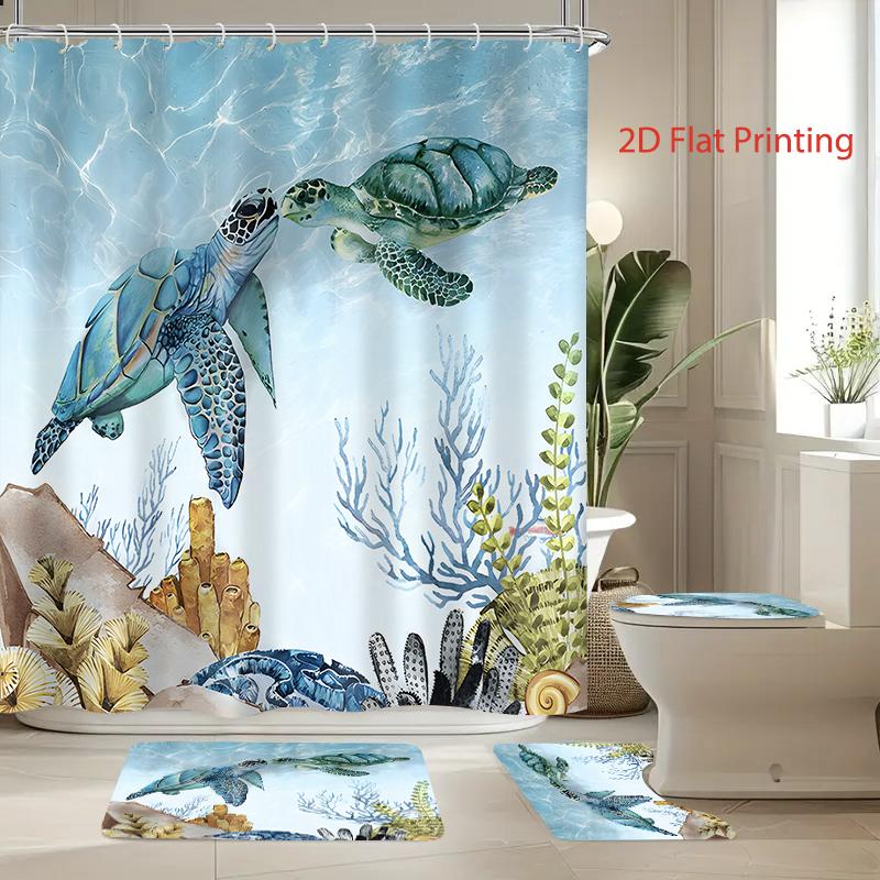 4PC-piece shower curtain set with 12 hooks, shower pad, toilet seat, seat, bathroom non slip carpet, washable curtains for home decoration