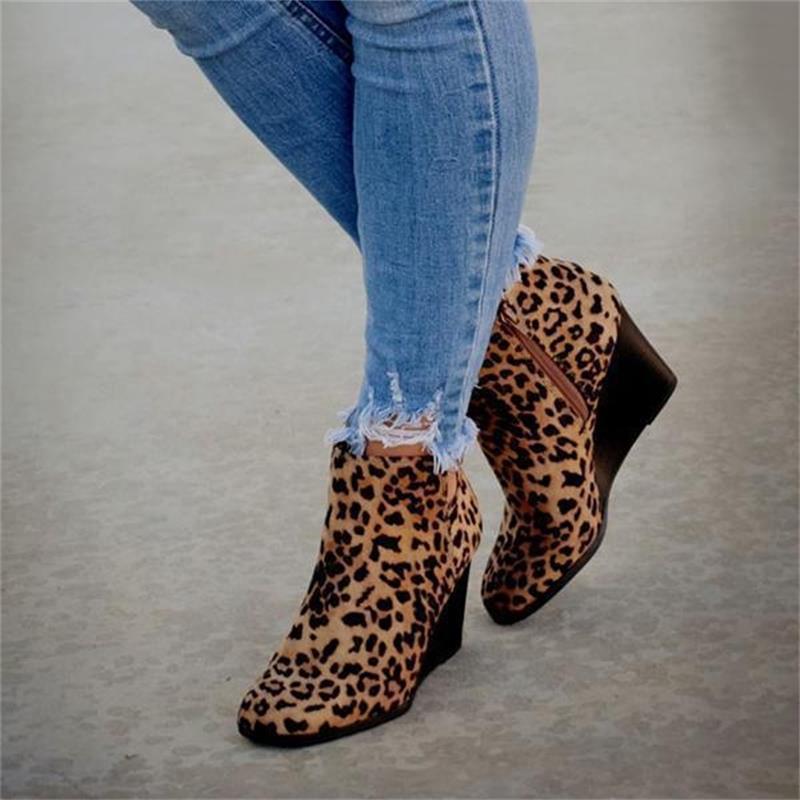 Botas de mujer con plataforma de tobillo Otoño Invierno Zapatos con estampado de leopardo Botas de moda para mujer