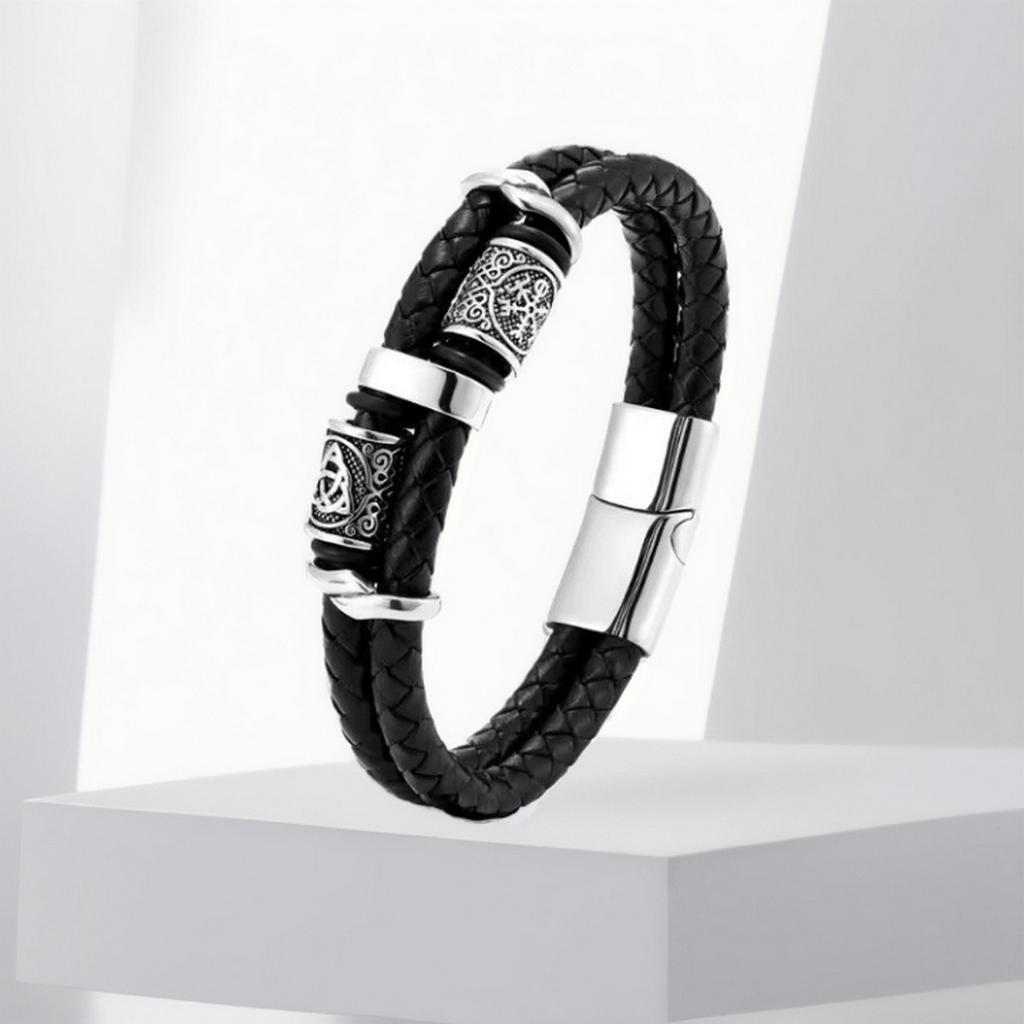 Men's Braided Leather Bracelet with Stainless Steel Clasp and Decorative Beads Adjustable Wristband for Daily Wear and Casual Style