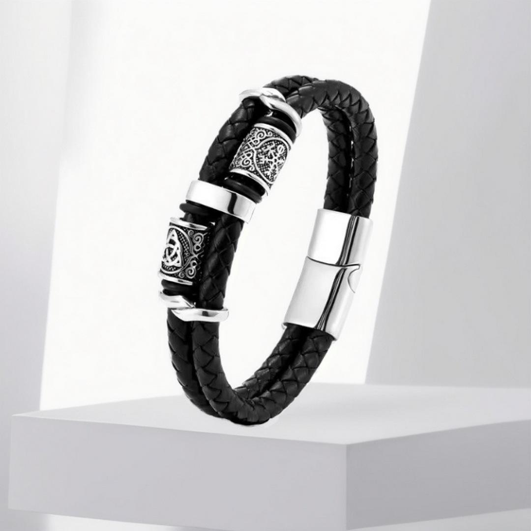 

Mens Leather Bracelet Viking Retro Pattern Magnetic Clasp Beaded Wristband Fashion Accessory 21.5CM