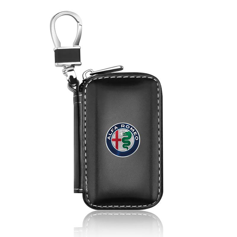 For Alfa Romeo 159 147 156 166 Giulietta Giulia Mito Stelvio Brera Spider 1Pcs Leather Emblem Car Key Case Keychain Zipper Key Case Bag