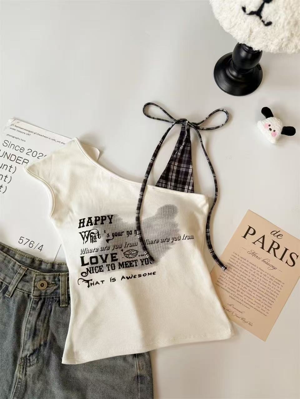 

Sweet Cute Letter Print Sleeveless Korean-style Slanted Shoulder Patchwork Plaid Y2K Design Camisole Halter Top One size білий