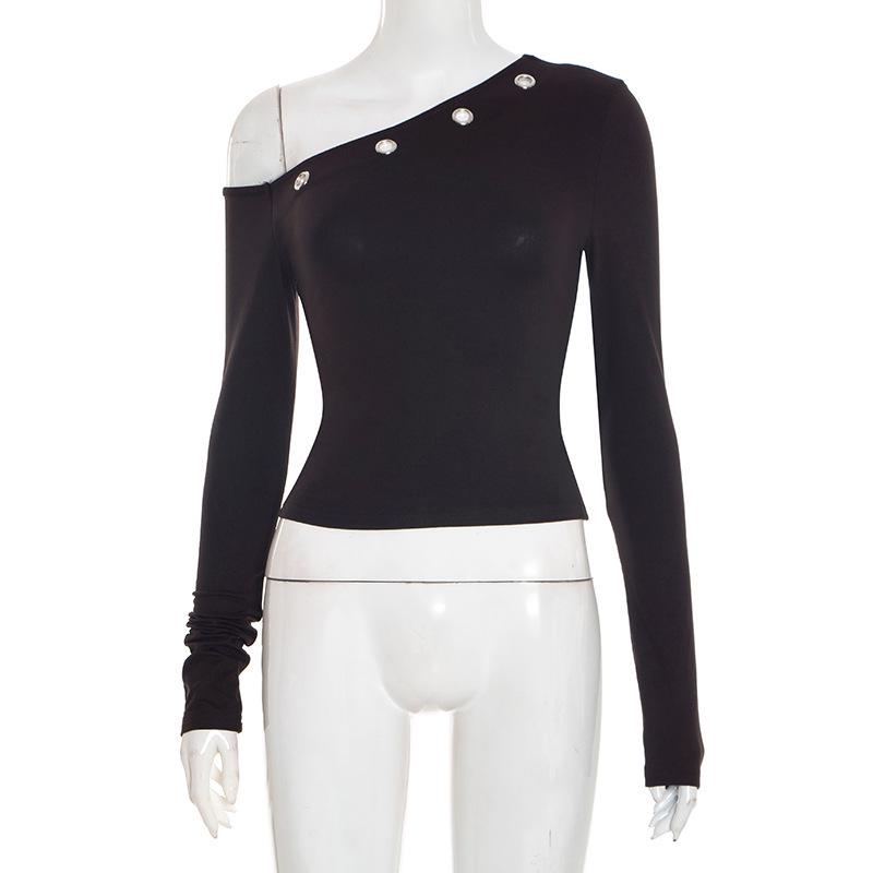 European Style Women s Asymmetrical Off-the-Shoulder Eyelet Cropped Pullover Top - Autumn New Arrival S