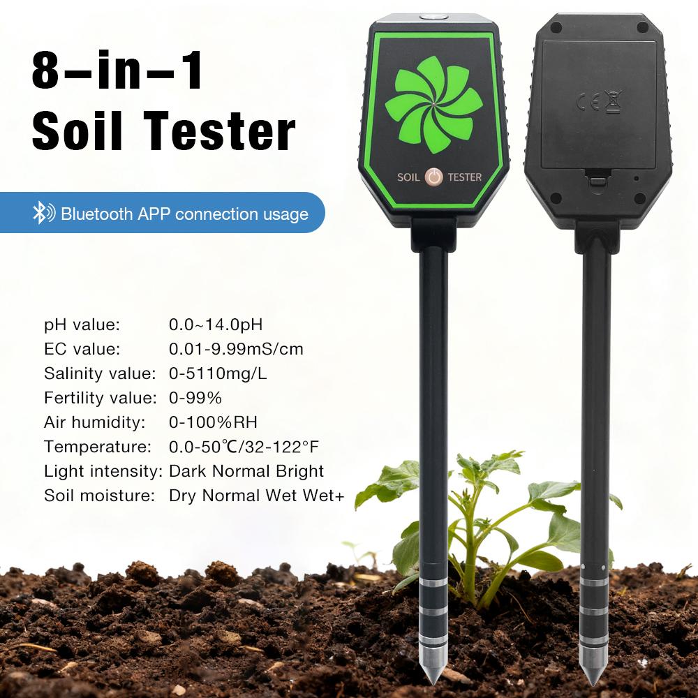 Bluetooth 8 in 1 Soil Tester Soil Meter pH EC Salt Fertility Moisture Air Humidity Temperature Light Intensity Meter App Control