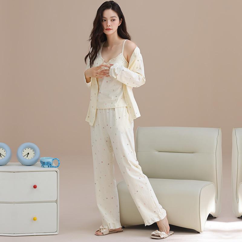 Shopping mall quality~ pure cotton pajamas three-piece pajamas women's winter sexy and sweet suspender long-sleeved loungewear set