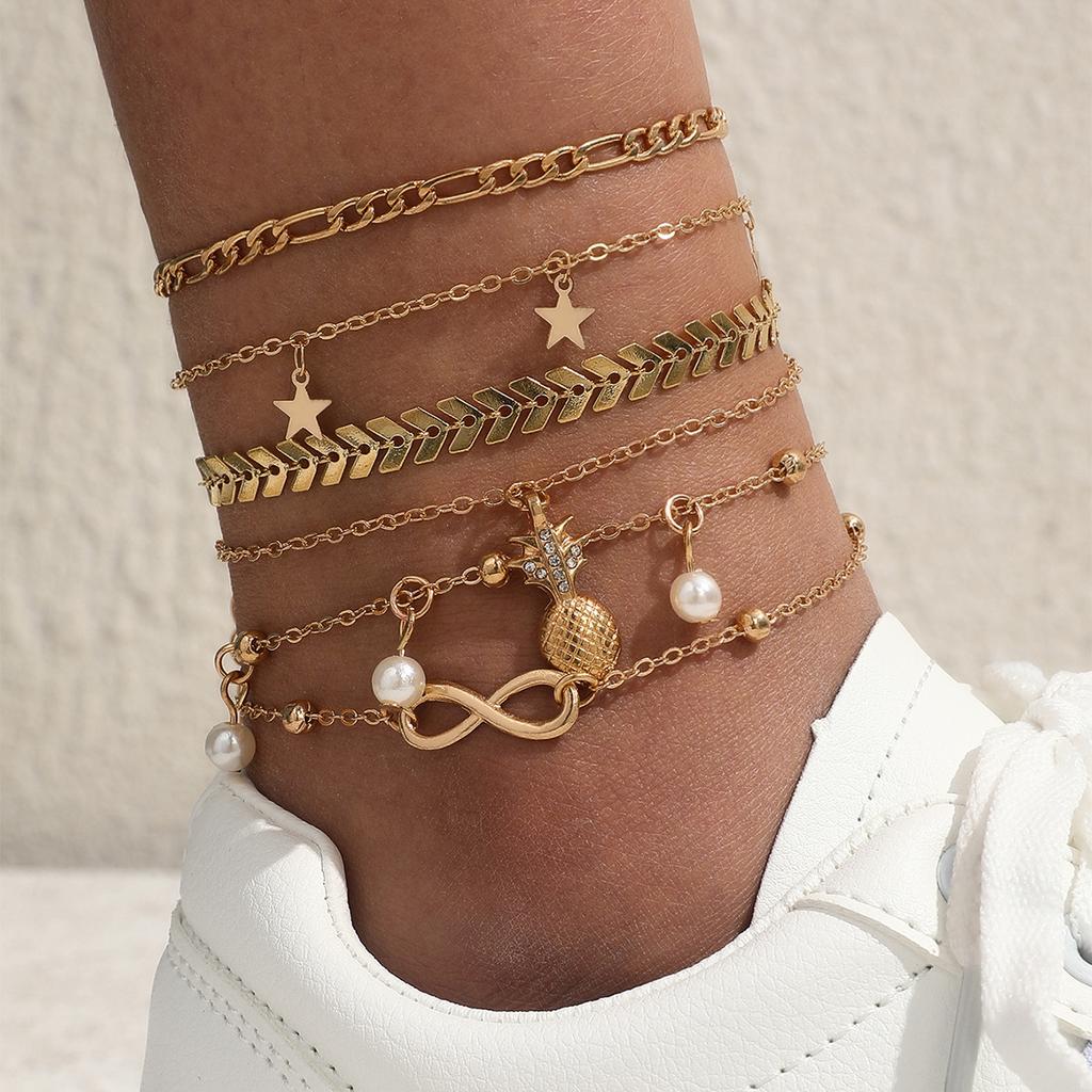 6 In 1 Bohemian Beach Stacked Star Pearls Anklet for Ladies