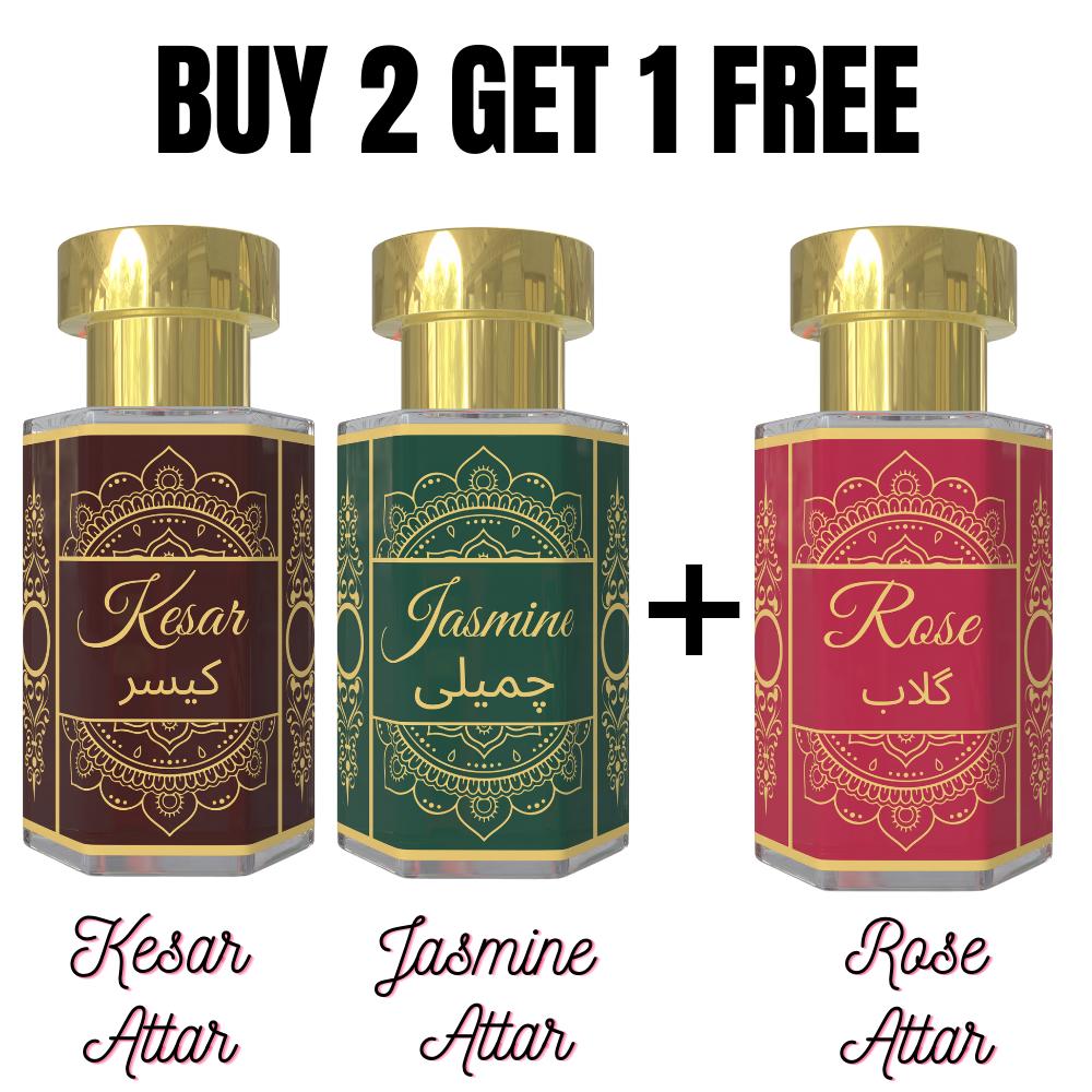 Кесар Аттар и Жасминовый Аттар с Бесплатным Розовым Аттаром – Пряное, Цветочное и Классическое Сочетание Ароматов | Унисекс Масла-Парфюмы без Алкоголя с Роликовым Аппликатором | 3 x 6 мл Pack = 6ml