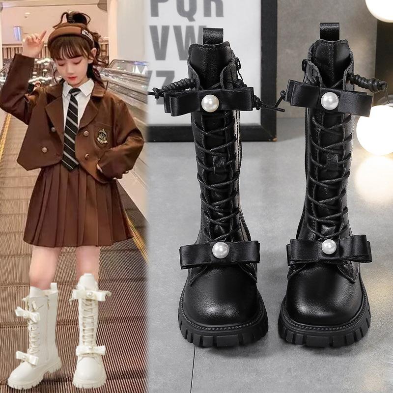 Girls Leather Boots Medium and High Boots Autumn and Winter New Children's Boots Knight Boots Fashion Baby Leather Boots