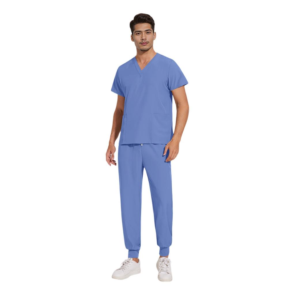Soild Scrub Working Uniform Suit For Men's Cross V-Neck Short Sleeve Fun T-Shirts Workwear Tee With Pockets