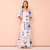 Women's Summer Casual One-line Collar Print Lantern Sleeve Fashion Dress