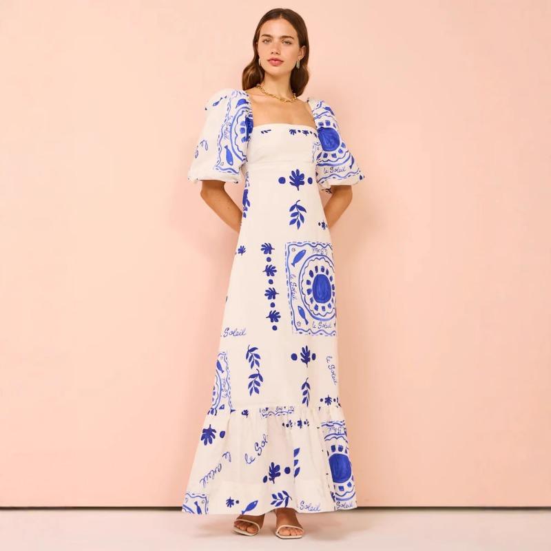 Women's Summer Casual One-line Collar Print Lantern Sleeve Fashion Dress