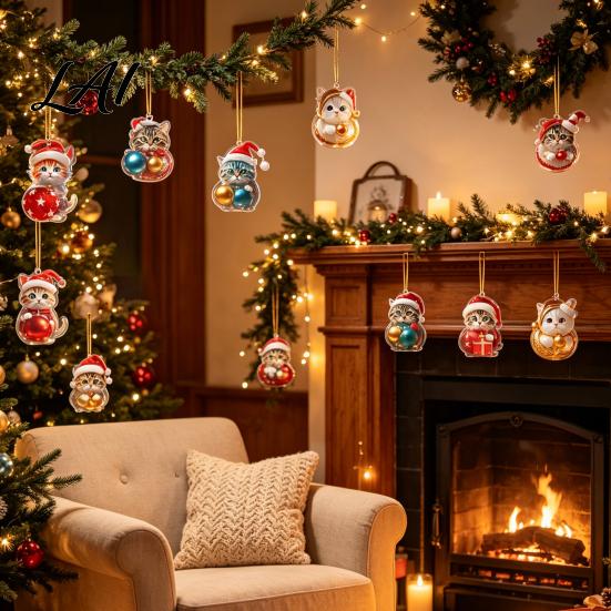 Christmas Tree Ornament Set Cat Advent Calendar 24 Days Countdown Cute 2D Kitten Holiday Car Rearview Mirror Decor Ornaments for Party Decor