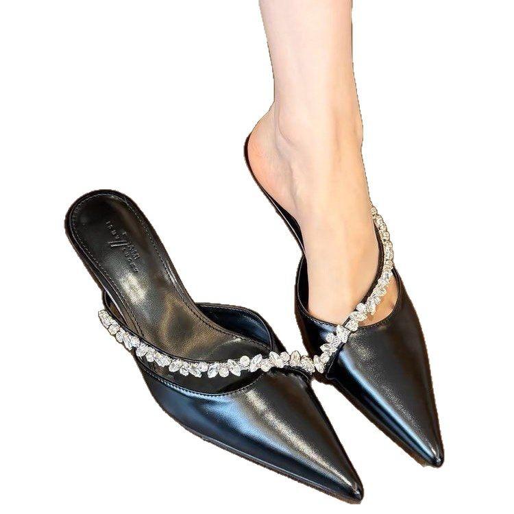 White Pointed Rhinestone High Heels Women's Spring 2025 New Stiletto Half Slippers Rubber Stiletto Bag Head Medium Heel
