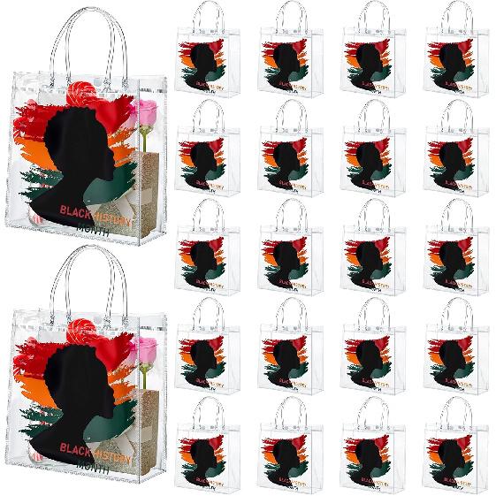 Kolldenn 20 Pieces Black History Month Gift Bags with Handles 8x8x3.15 Inch Black History Month Party PVC Treat Bags African Party Gifts Bulk for BHM