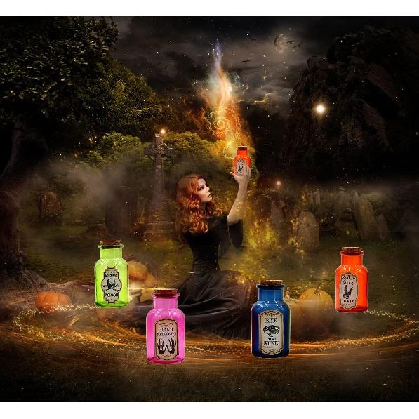 Halloween Glass Potion Bottle,4 Set of Apothecary Bottles with 8pcs Halloween Labels Stickers,Colorful Glass Decorative Jar, Corked Bottle, Halloween