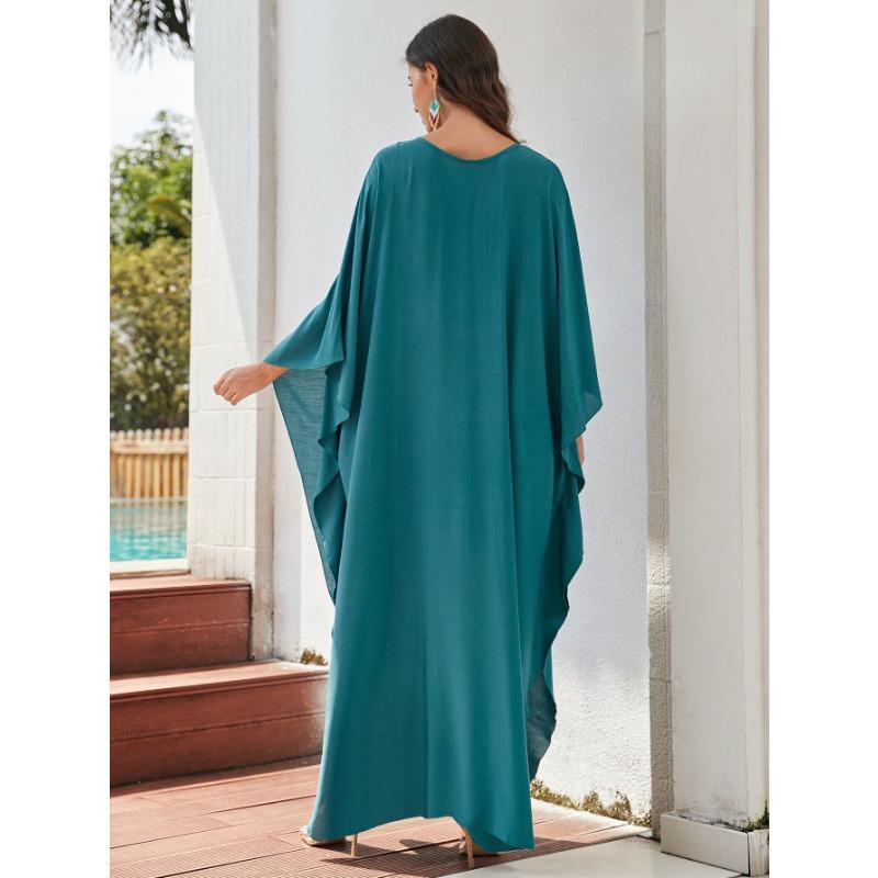 Women's Fashion Spring Fall Solid Color Print Long Sleeve V-Neck Loose Waistline Casual Dresses