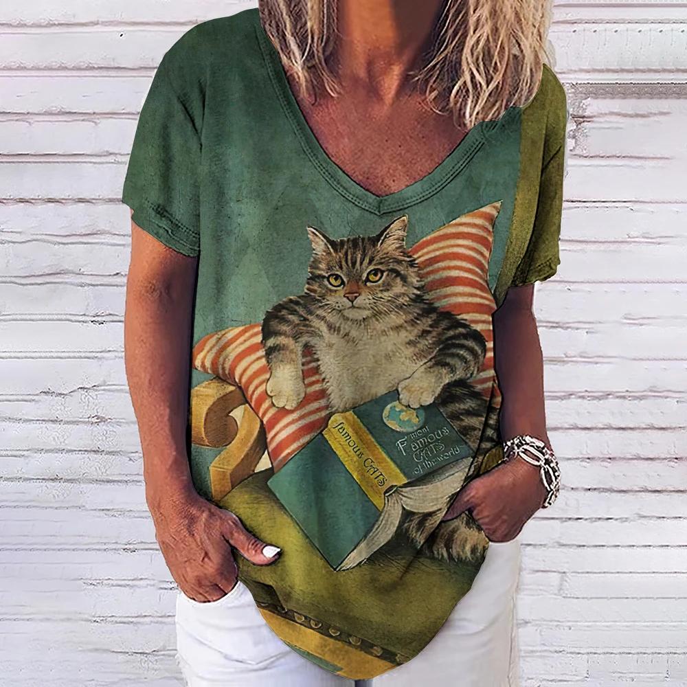 Women's T-shirt 3D Fashionable Cat Print V-neck Short Sleeved Basic Top Street Wear Summer Casual Loose Fitting Women's Clothing