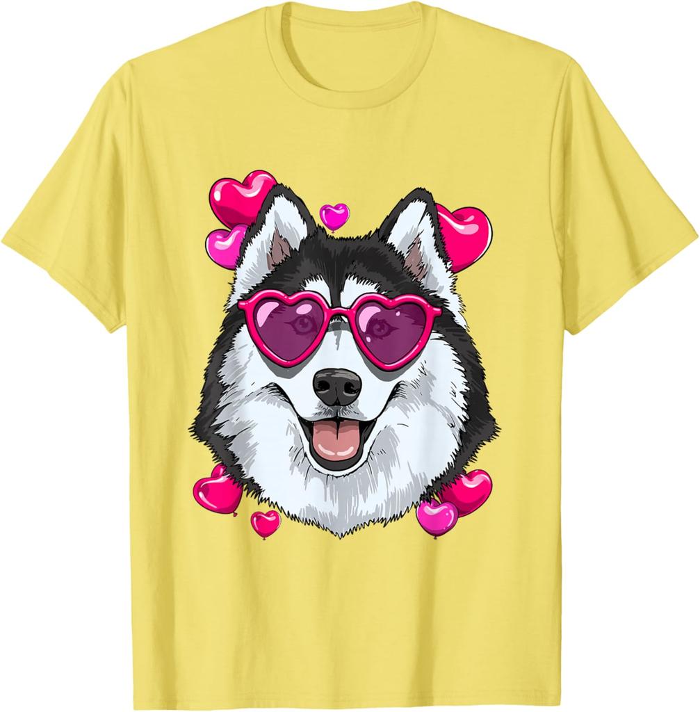 Husky Dog Heart Sunglasses Valentines Day Graphic Tee Soft Cotton Casual Short Sleeve Shirt