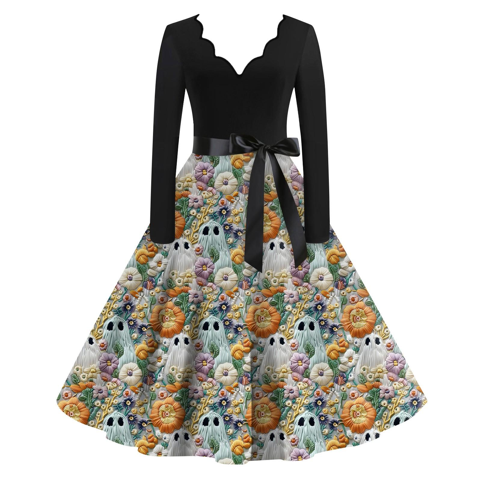 Женская повседневная мода с длинным рукавом Хэллоуин принт винтажные длинные платья осень — фото 8