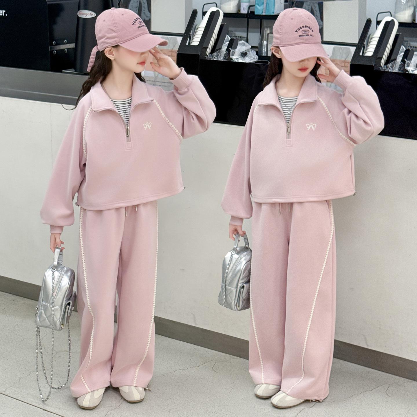 

Girls Spring and Autumn Korean Style Lace Set - Solid Color with Diagonal Stripes for Middle and Big Kids, 2025 Collection. 160 cm розовый