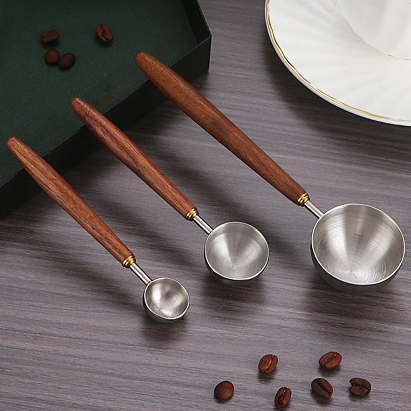Wooden Handle Stainless Steel Coffee Scoop Tablespoon Measuring Spoon Walnut Wood Long Handle Coffee Spoons For Bar Kitchen