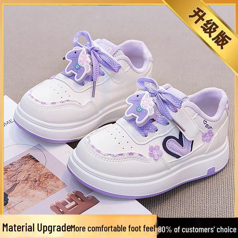 Girls' 2026 Spring Leather Casual White Cartoon Sneakers with Soft Soles