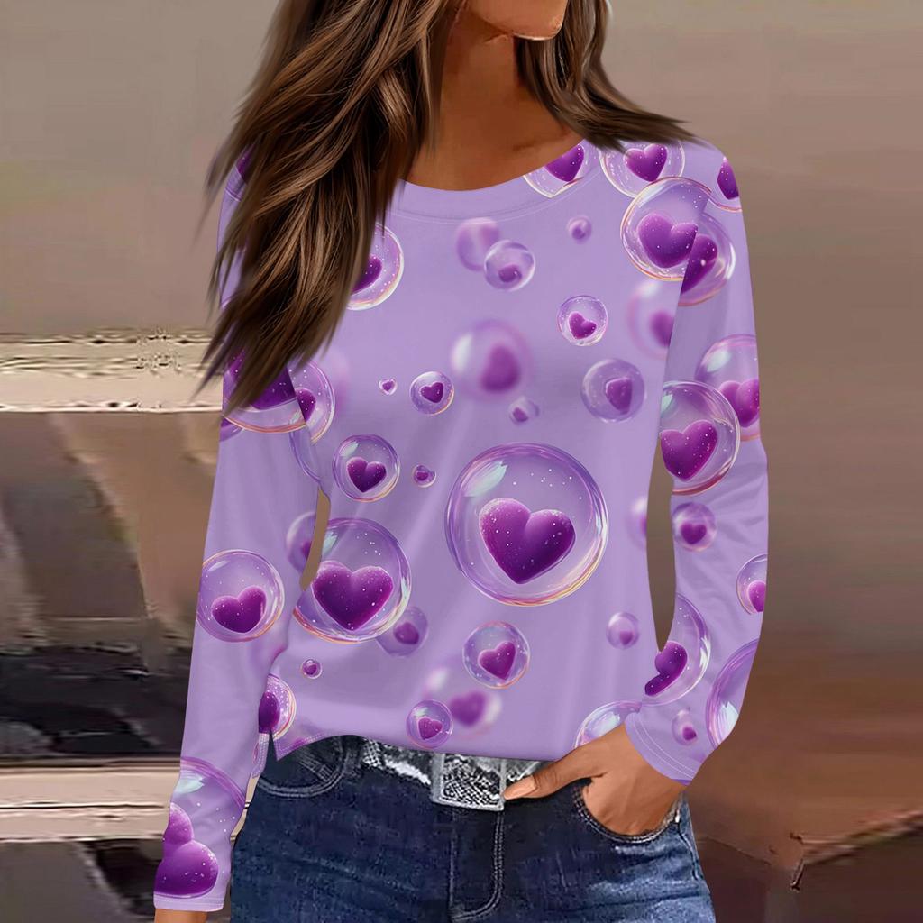Women's Fashionable Long-Sleeved Round Neck Top with Slit Hem and Valentine's Day Heart Print