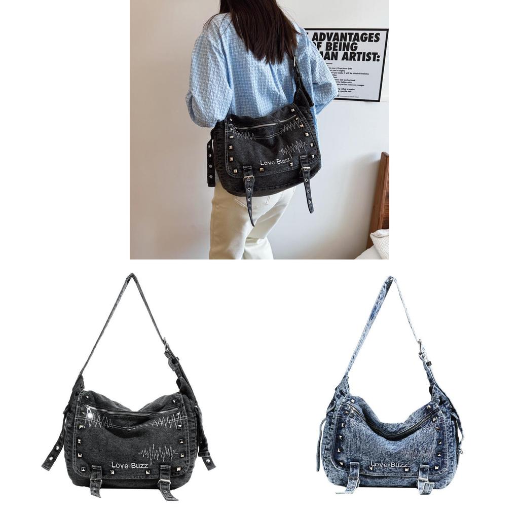 Borsa in Denim Retro da Donna con Grande Capacità e Borchie Metalliche per Uso Quotidiano