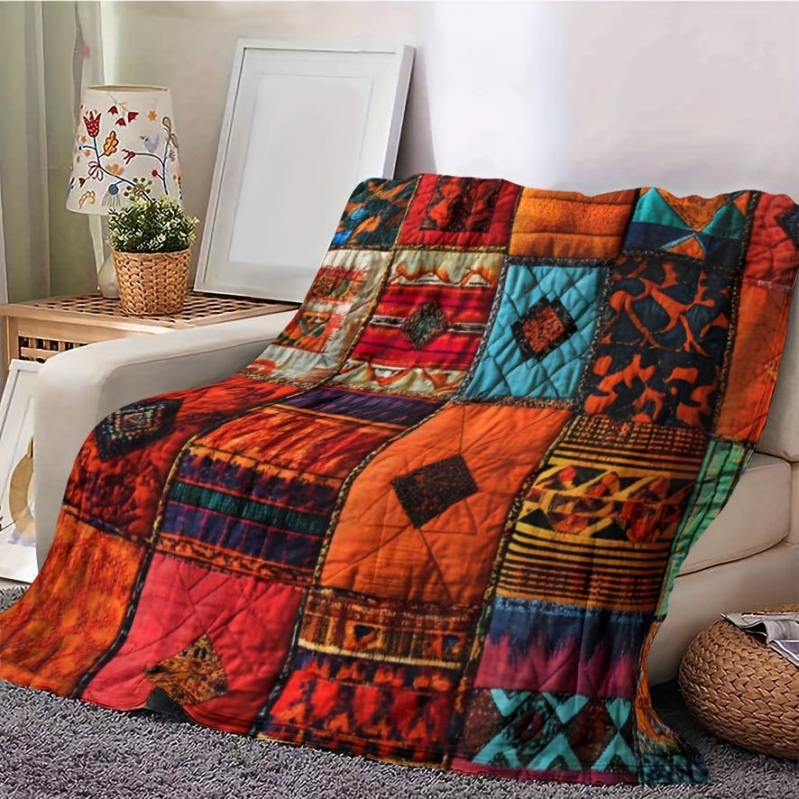Bohemian Patchwork Flannel Blanket Vibrant Ethnic Geometric Print Cozy Soft All-Season Throw Blanket For Bed Couch & Home Decor