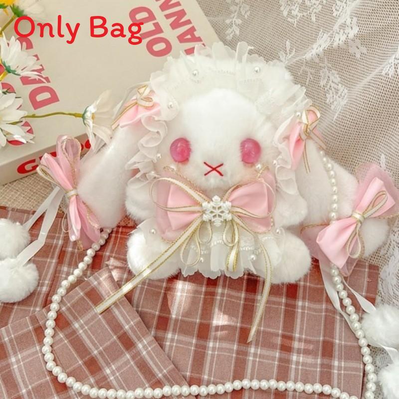 Japanese Lolita Bunny Plush Bag With Pearl Chain For Daily Fashion And Cute Storage