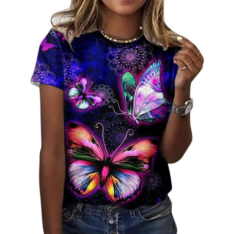 3D Digital Women's Fashion T-shirt Butterfly Printed Round Neck Short Sleeve T-shirt Luxury Women's T-shirt Loose
