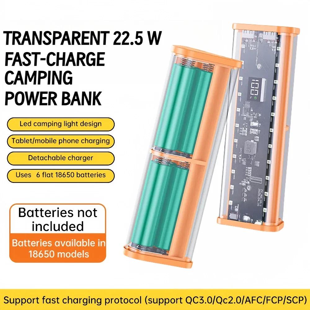

Прозорий корпус 6*18650 Power Bank 22.5W Швидка зарядка LED Type C + Подвійний USB-порт Бокс для зберігання батарей для iPhone Samsung помаранчевий