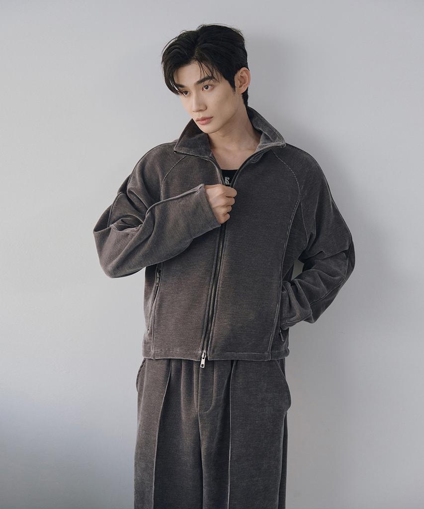 Laurantseoul Velvet Corduroy Curved Crop Zip Up(Charcoal)