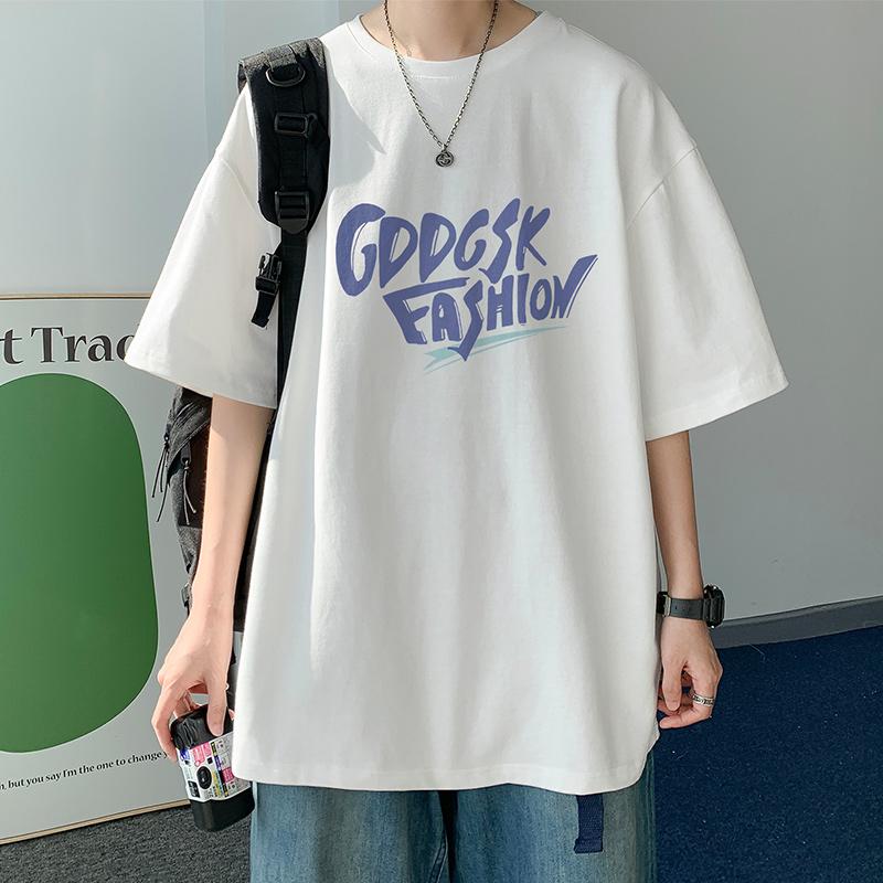 100% Cotton Printed Short Sleeve T-shirt Men's Half-sleeved Men's Fashion Brand Ins American Loose Body Shirt Men's Top