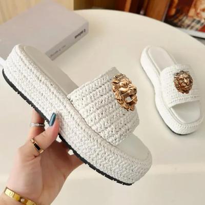 Fashion Handmade Knitted Thick Bottom Slippers Women's Casual Fashionable Outerwear Rubber Outsole 2025 Summer Best Seller Slippers34-42