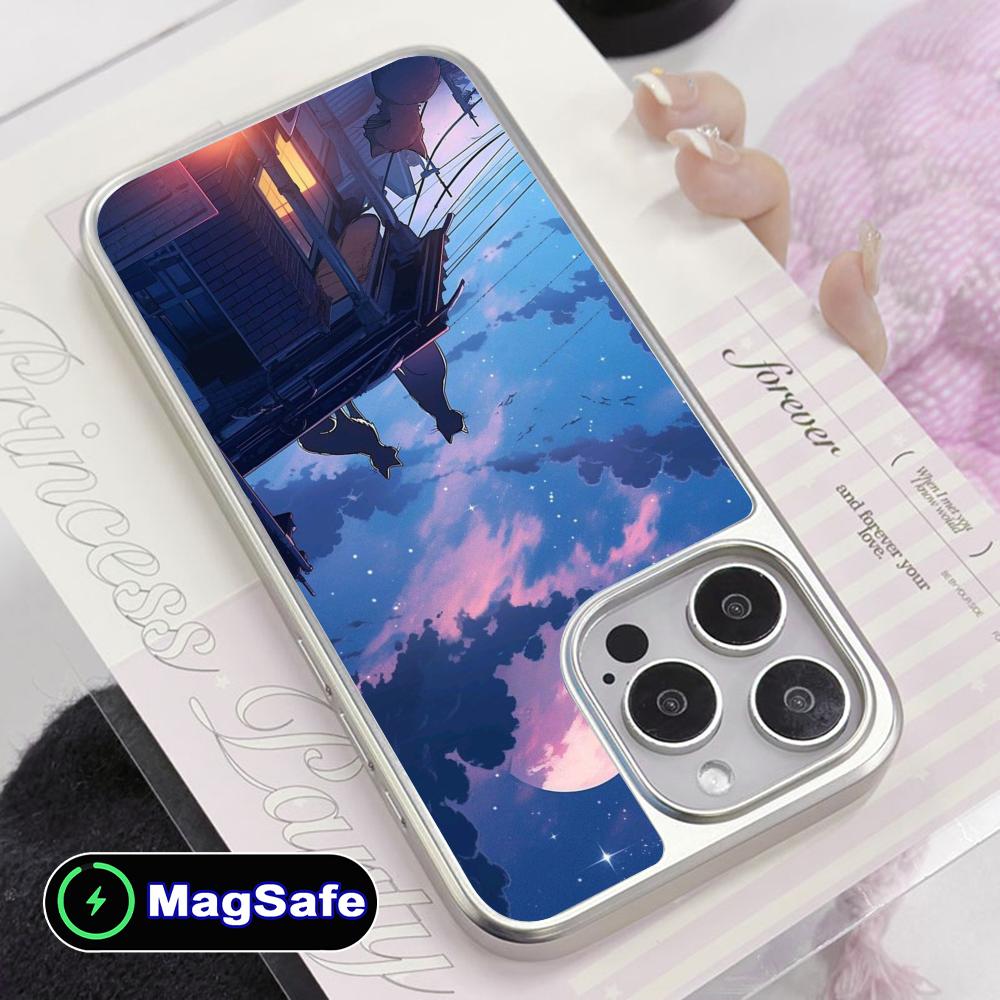Luna Mond Katze Handyhülle für iPhone 17 16 15 14 13 12 11 Air Pro Max Plus Magsafe Silberbeschichtung Bunte Hülle Luxus