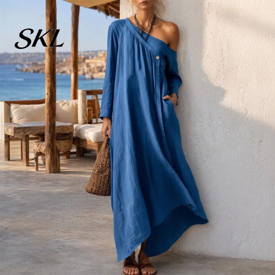 Polyester Dress Women Summer Maxi for Women, Casual Loose One Shoulder Long Sleeve Dress, Flowy Beach Vacation Sundress wwith Pockets Elegant