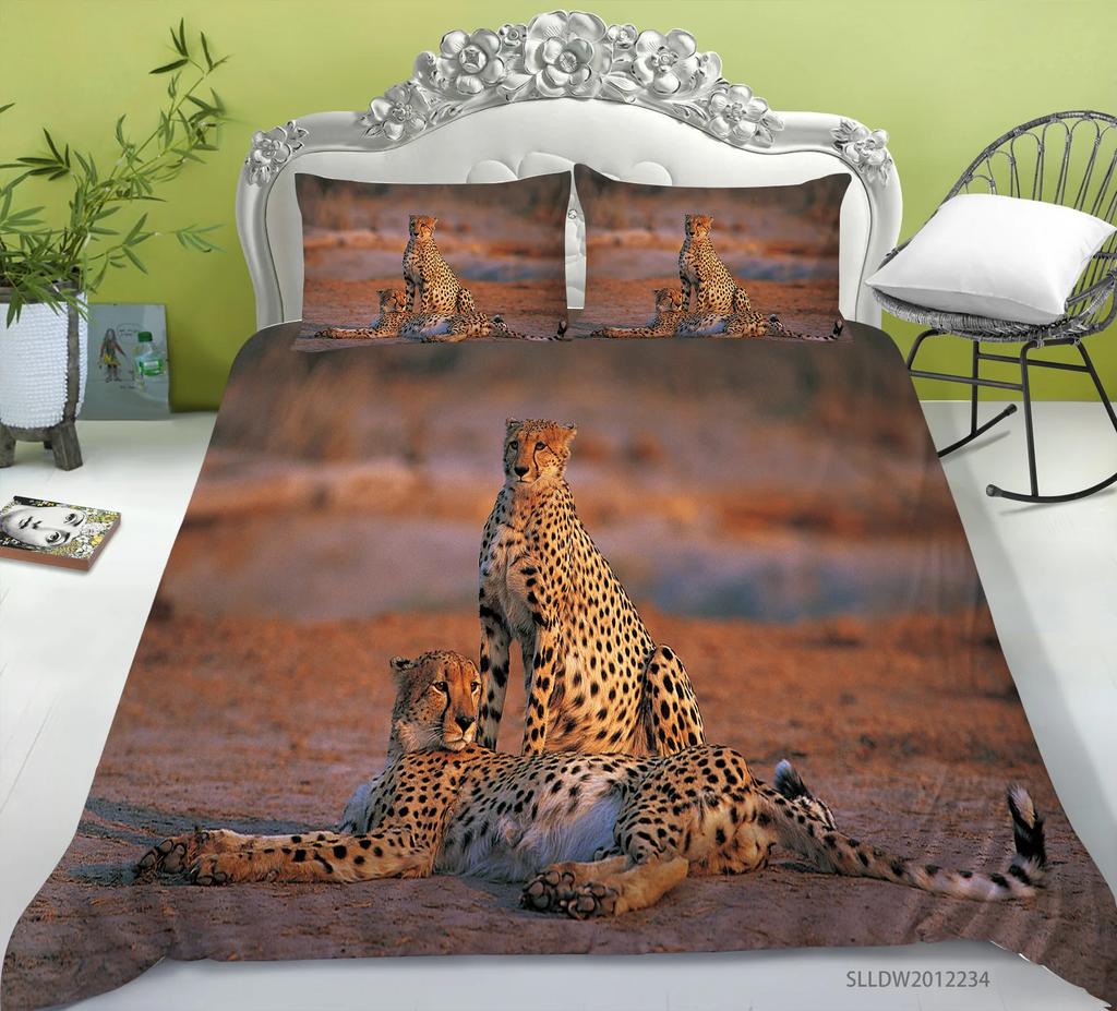 Leopard Duvet Cover Set King/Queen Size Brown with Black Spots Cheetah Bedding Set for Adults Men 2/3pcs Polyester Quilt Cover