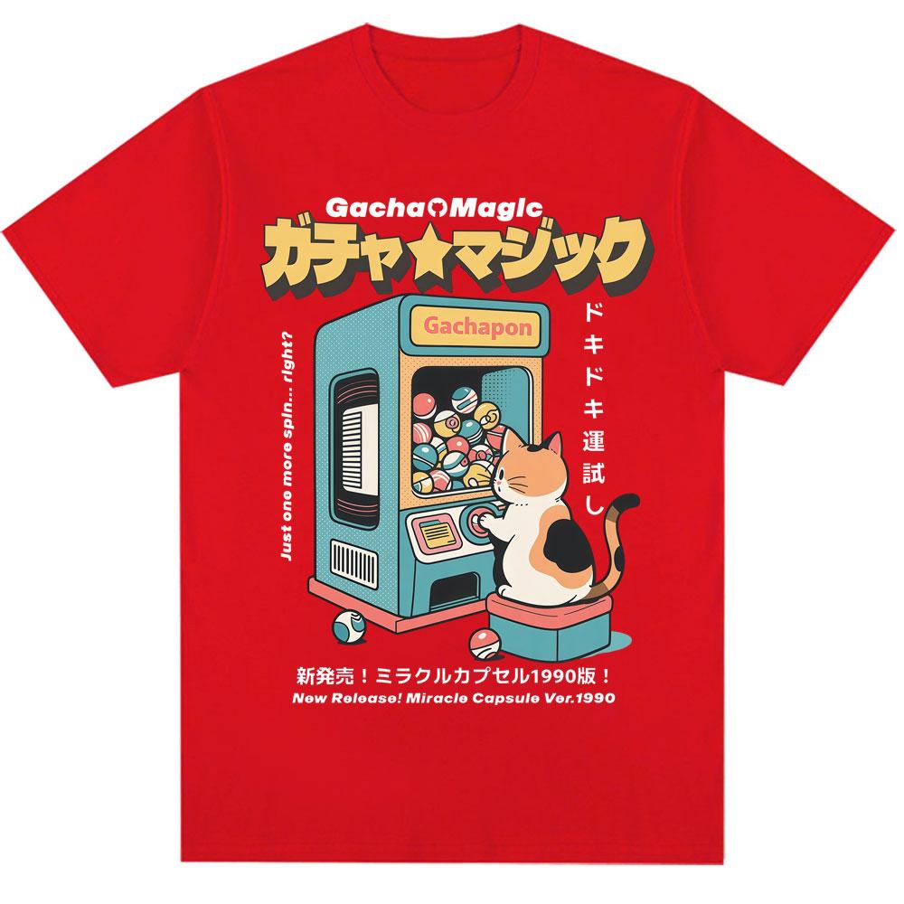 Japanese Style Cat Gashapon Toy Capsule Print T Shirt Harajuku Vintage Fashion T Shirts Men Women Oversized Cotton Casual Tees