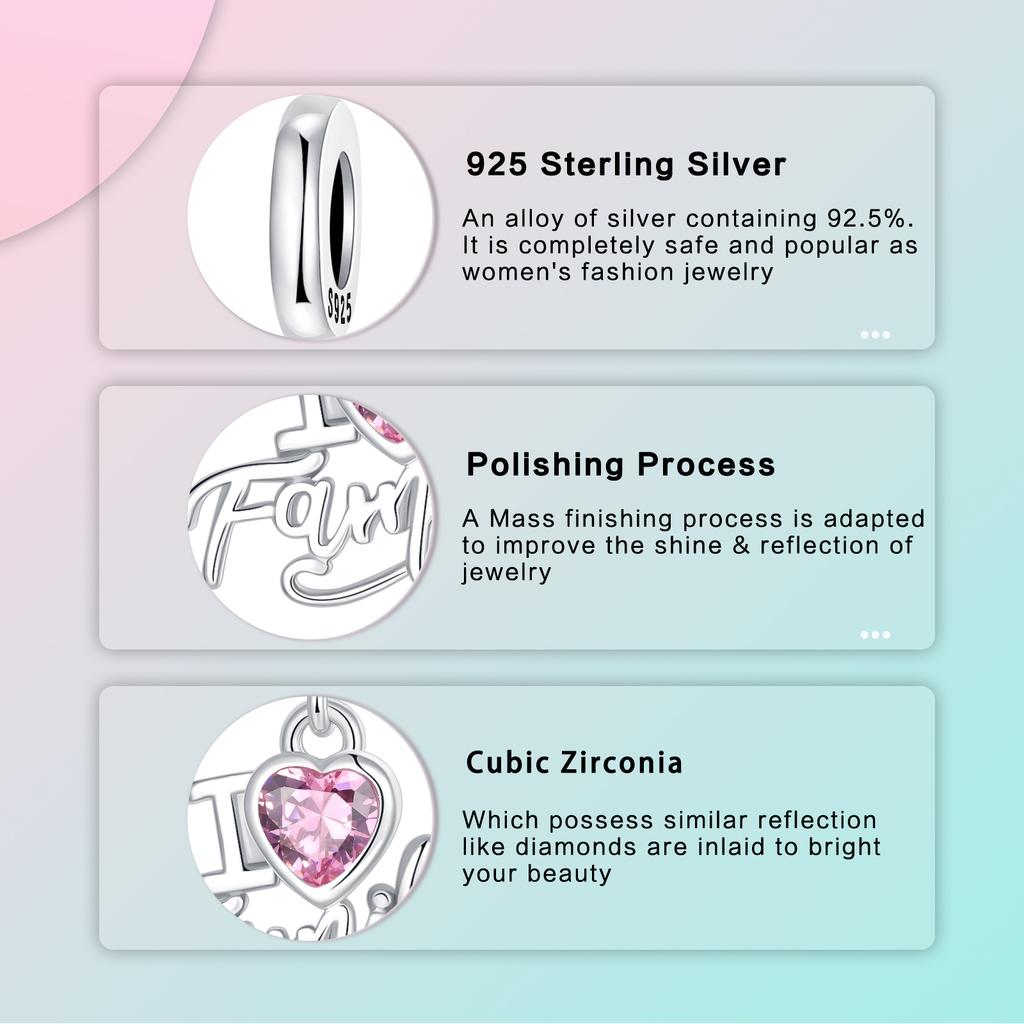 Copper Charms Heart Shaped Zircon I Love Family Pendants Fit 4Mm Hole Diameter Bracelets Fine Diy Jewelry Gifts