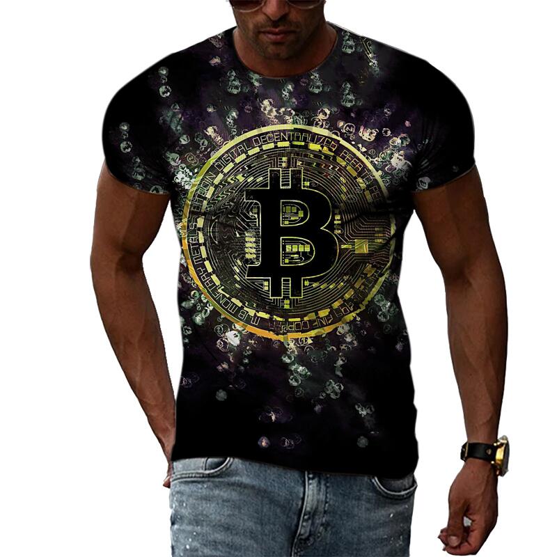 Summer Fashion Abstract Bitcoin 3D Print Tee Hip Hop Harajuku Personality Round Neck Short Sleeve Casual Men's T-shirts