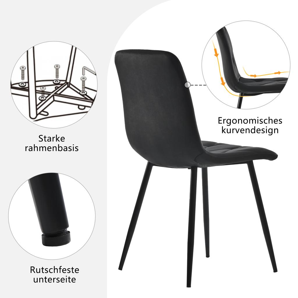 Esstisch und Stuhl Set (5-teilig), Moderner, Schlichter Runder Tisch mit Marmorplatte und Schwarzen Metallbeinen + 4 Ergonomische Stühle aus Schwarzem Wildleder