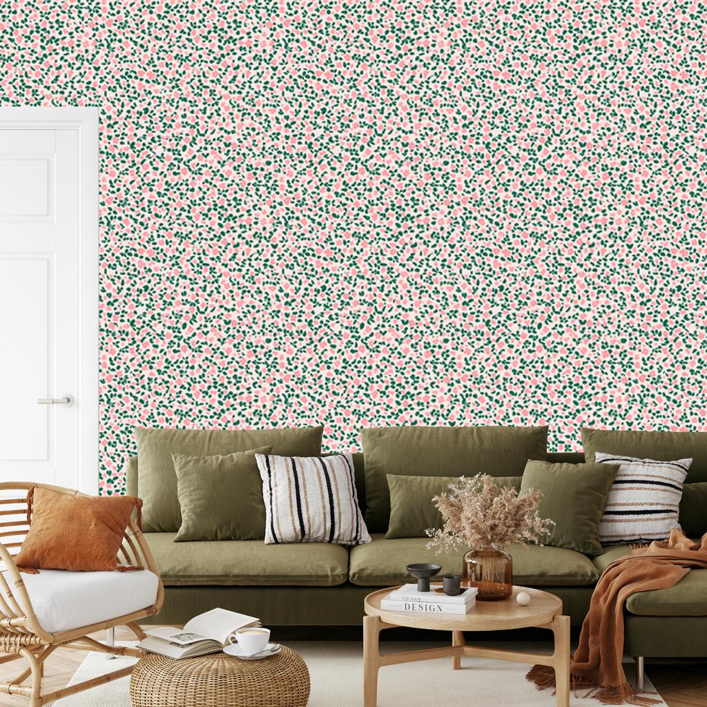 Cottagecore Flowers Wallpaper Light Gray and Coral 50x1000