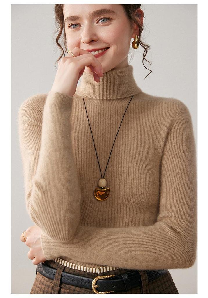 Elegant Women's High Neck Pure Cashmere Slimming Knitwear, Autumn & Winter Long Sleeve Base Layer