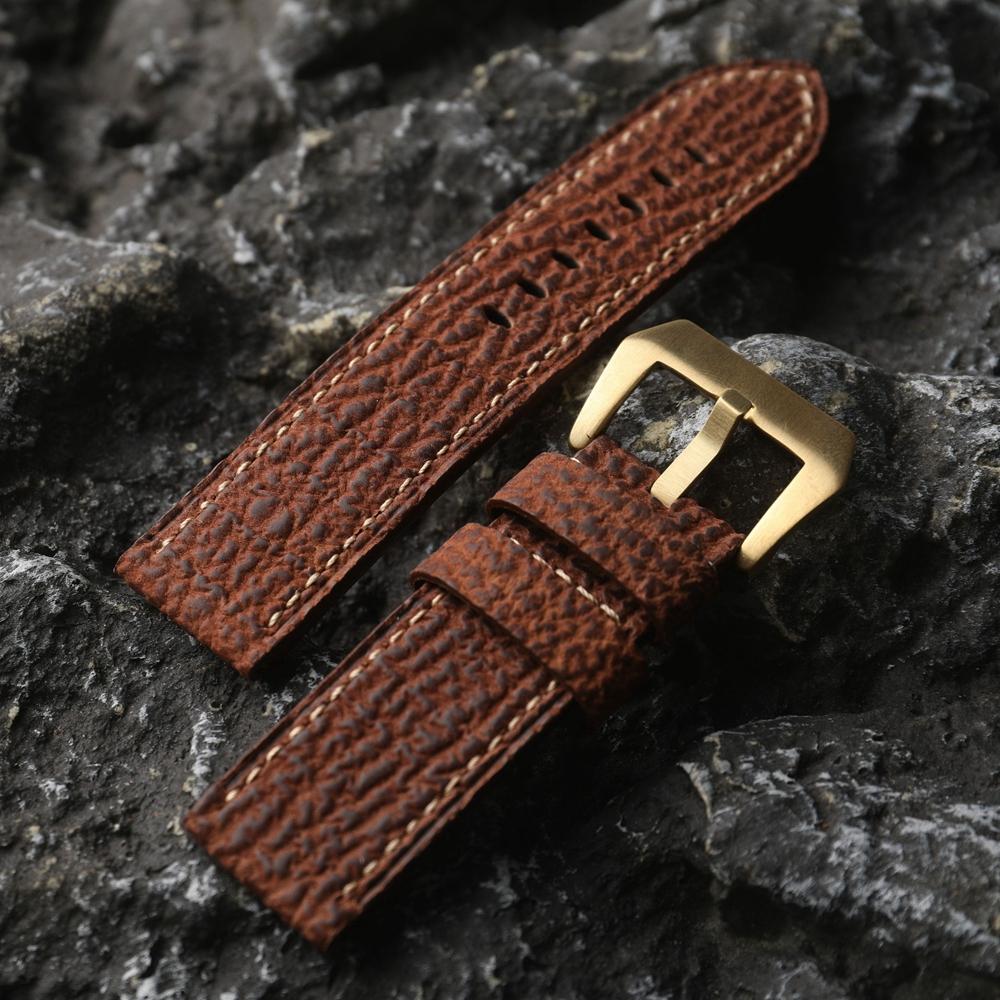 Classic Sharkskin Genuine Leather Watch Band 20 22 24MM Bronze Watch Accessories Buckle, High-end Genuine Leather Bracelet, Pure Bronze