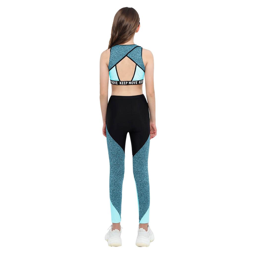 Girls Workout Running Suit Round Neckline Wide Shoulder Straps Top Elastic Waistband Sport Set