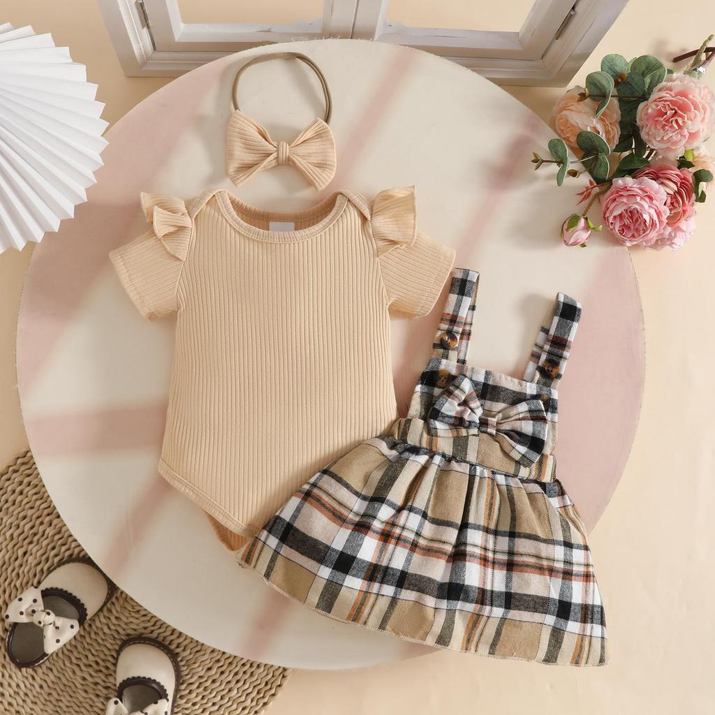 Baby Girl Summer Skirt Set: Ribbed Bodysuit, Plaid Romper & Headband